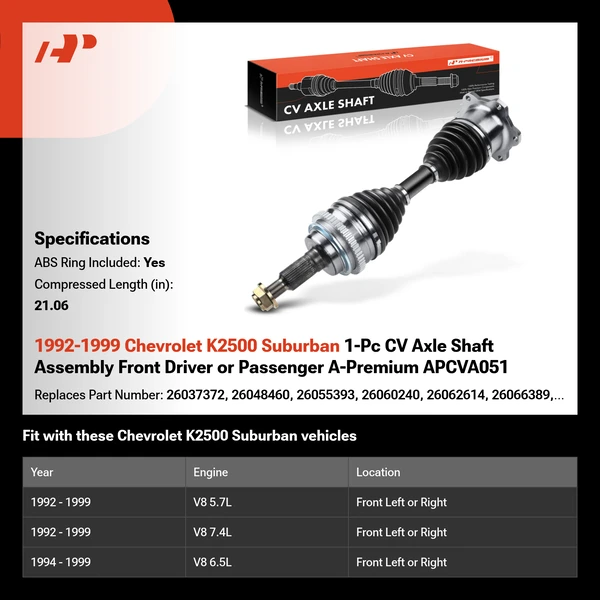 1992-1999 Chevrolet K2500 Suburban 1-Pc CV Axle Shaft Assembly Front Driver or Passenger A-Premium APCVA051