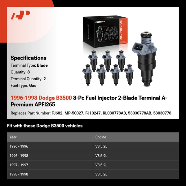 1996-1998 Dodge B3500 8-Pc Fuel Injector 2-Blade Terminal A-Premium APFI265