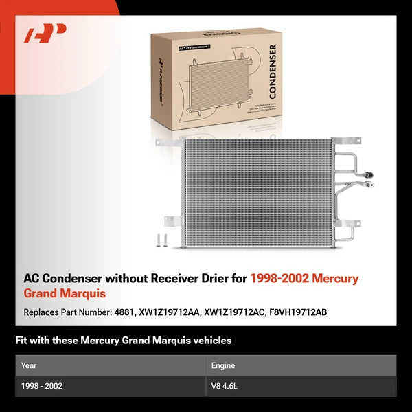 AC Condenser without Receiver Drier for 1998-2002 Mercury Grand Marquis