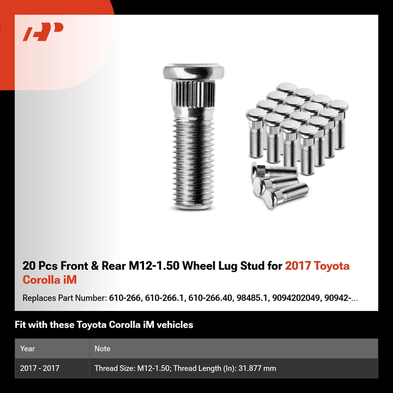 20 Pcs Front & Rear M12-1.50 Wheel Lug Stud for 2017 Toyota Corolla iM