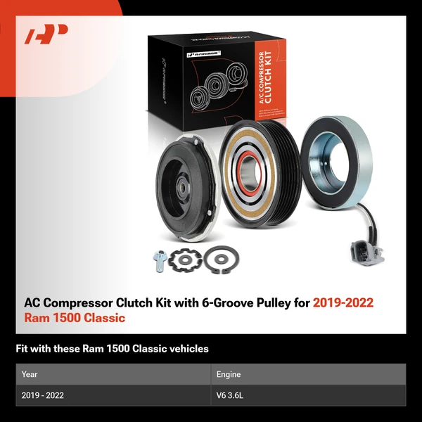AC Compressor Clutch Kit with 6-Groove Pulley for 2019-2022 Ram 1500 Classic
