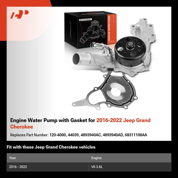 Engine Water Pump with Gasket for 2016-2022 Jeep Grand Cherokee
