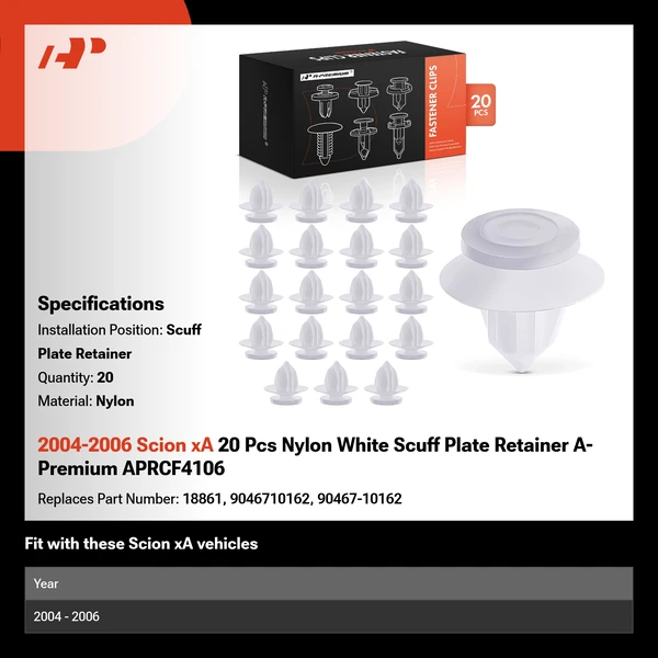2004-2006 Scion xA 20 Pcs Nylon White Scuff Plate Retainer A-Premium APRCF4106