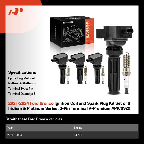 2021-2024 Ford Bronco Ignition Coil and Spark Plug Kit Set of 8 Iridium & Platinum Series, 3-Pin Terminal A-Premium APIC0929