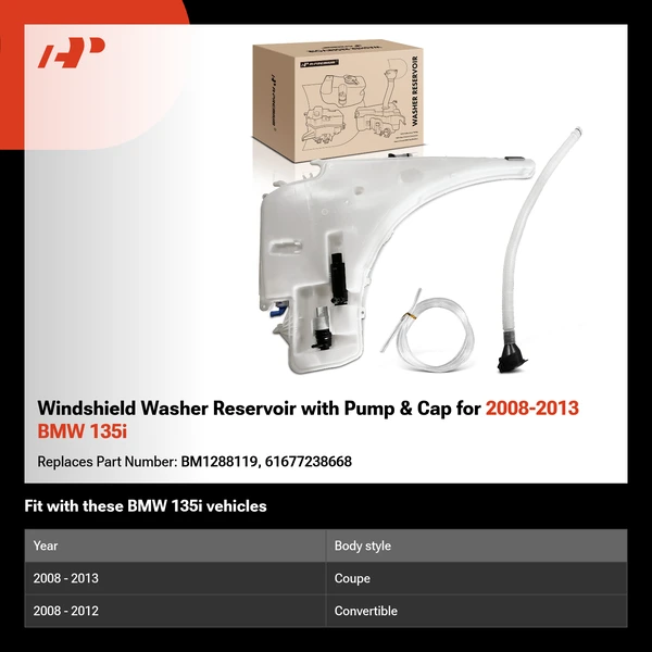 Windshield Washer Reservoir with Pump & Cap for 2008-2013 BMW 135i