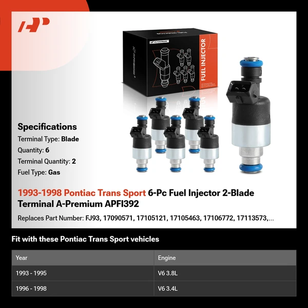 1993-1998 Pontiac Trans Sport 6-Pc Fuel Injector 2-Blade Terminal A-Premium APFI392