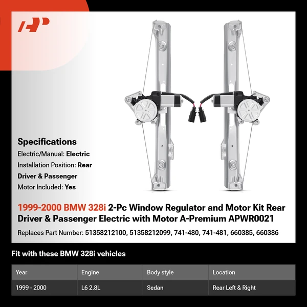 1999-2000 BMW 328i 2-Pc Window Regulator and Motor Kit Rear Driver & Passenger Electric with Motor A-Premium APWR0021