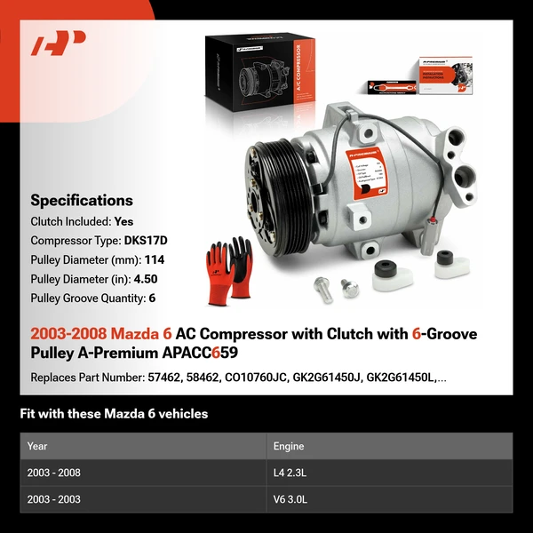 2003-2008 Mazda 6 AC Compressor with Clutch with 6-Groove Pulley A-Premium APACC659