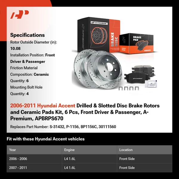 2006-2011 Hyundai Accent Drilled & Slotted Disc Brake Rotors and Ceramic Pads Kit, 6 Pcs, Front Driver & Passenger, A-Premium, APBRPS670