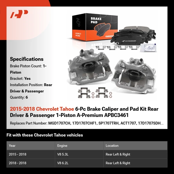 2015-2018 Chevrolet Tahoe 6-Pc Brake Caliper and Pad Kit Rear Driver & Passenger 1-Piston A-Premium APBC3461