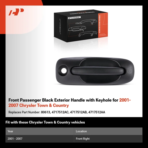 Front Passenger Black Exterior Handle with Keyhole for 2001-2007 Chrysler Town & Country