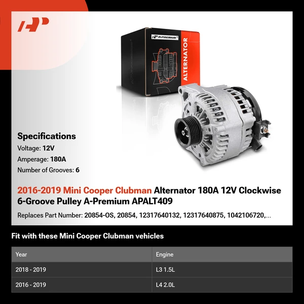 2016-2019 Mini Cooper Clubman Alternator 180A 12V Clockwise 6-Groove Pulley A-Premium APALT409