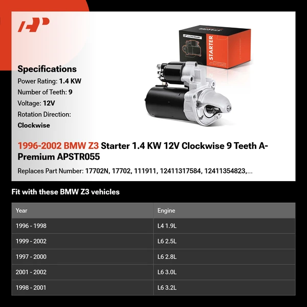 1996-2002 BMW Z3 Starter 1.4 KW 12V Clockwise 9 Teeth A-Premium APSTR055