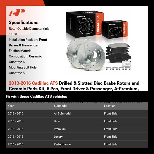 2013-2016 Cadillac ATS Drilled & Slotted Disc Brake Rotors and Ceramic Pads Kit, 6 Pcs, Front Driver & Passenger, A-Premium, APBRPS1275