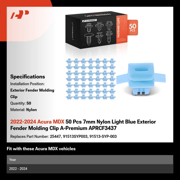 2022-2024 Acura MDX 50 Pcs 7mm Nylon Light Blue Exterior Fender Molding Clip A-Premium APRCF3437