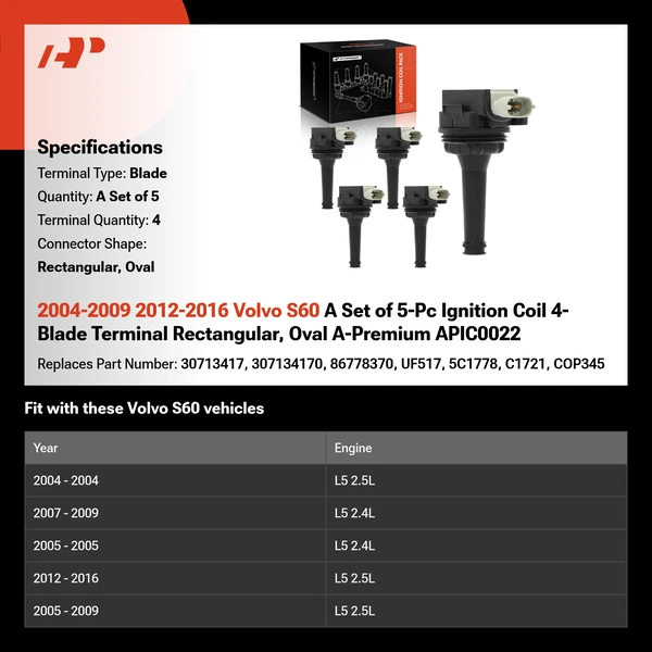 2004-2009 2012-2016 Volvo S60 A Set of 5-Pc Ignition Coil 4-Blade Terminal Rectangular, Oval A-Premium APIC0022
