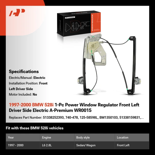 1997-2000 BMW 528i 1-Pc Power Window Regulator Front Left Driver Side Electric A-Premium WR0015