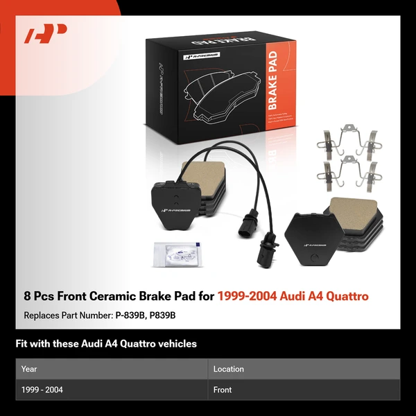 8 Pcs Front Ceramic Brake Pad for 1999-2004 Audi A4 Quattro