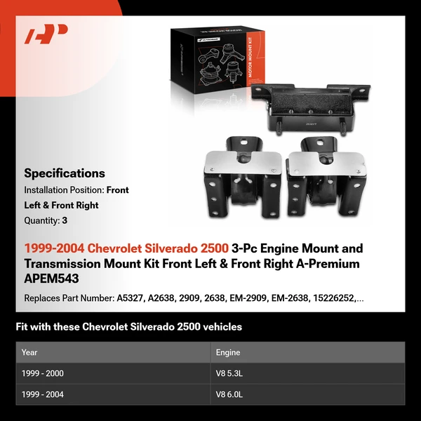 1999-2004 Chevrolet Silverado 2500 3-Pc Engine Mount and Transmission Mount Kit Front Left & Front Right A-Premium APEM543