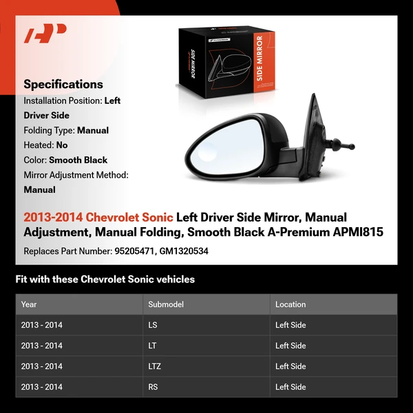 2013-2014 Chevrolet Sonic Left Driver Side Mirror, Manual Adjustment, Manual Folding, Smooth Black A-Premium APMI815