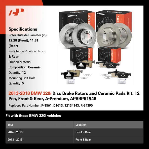 2013-2018 BMW 320i Disc Brake Rotors and Ceramic Pads Kit, 12 Pcs, Front & Rear, A-Premium, APBRPR1948