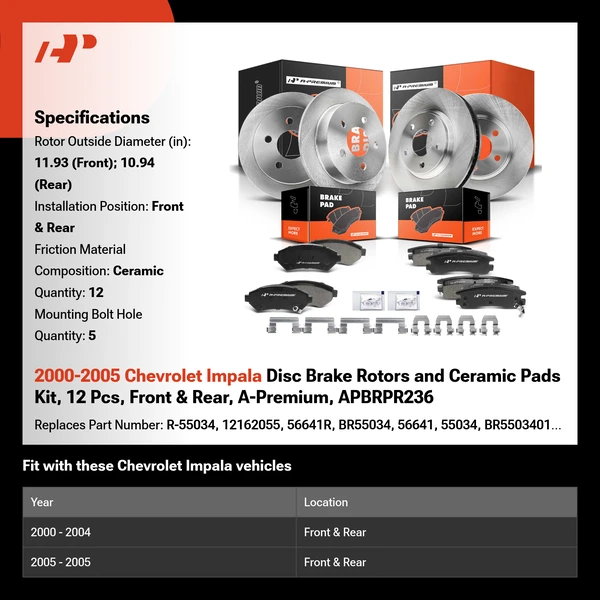 2000-2005 Chevrolet Impala Disc Brake Rotors and Ceramic Pads Kit, 12 Pcs, Front & Rear, A-Premium, APBRPR236