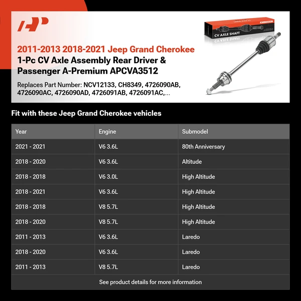 2011-2013 2018-2021 Jeep Grand Cherokee 1-Pc CV Axle Assembly Rear Driver & Passenger A-Premium APCVA3512
