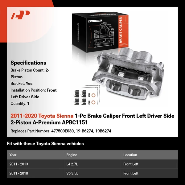 2011-2020 Toyota Sienna 1-Pc Brake Caliper Front Left Driver Side 2-Piston A-Premium APBC1151