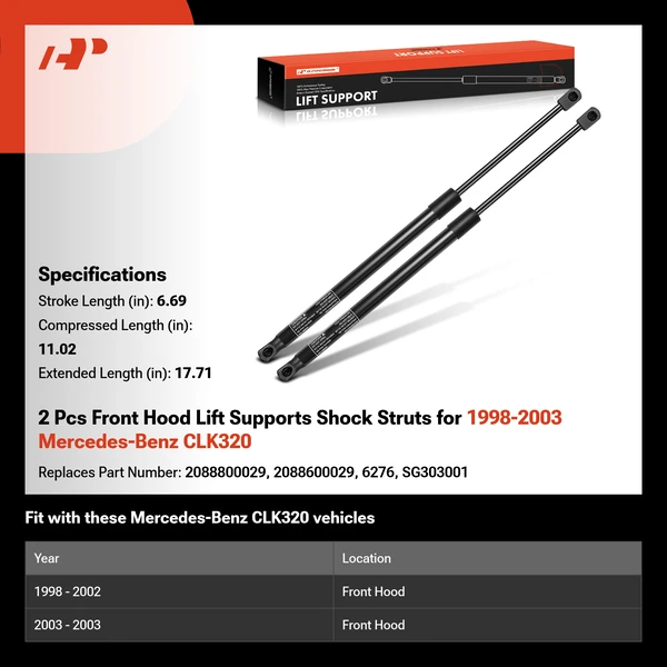 2 Pcs Front Hood Lift Supports Shock Struts for 1998-2003 Mercedes-Benz CLK320