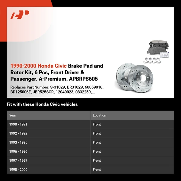 1990-2000 Honda Civic Brake Pad and Rotor Kit, 6 Pcs, Front Driver & Passenger, A-Premium, APBRPS605