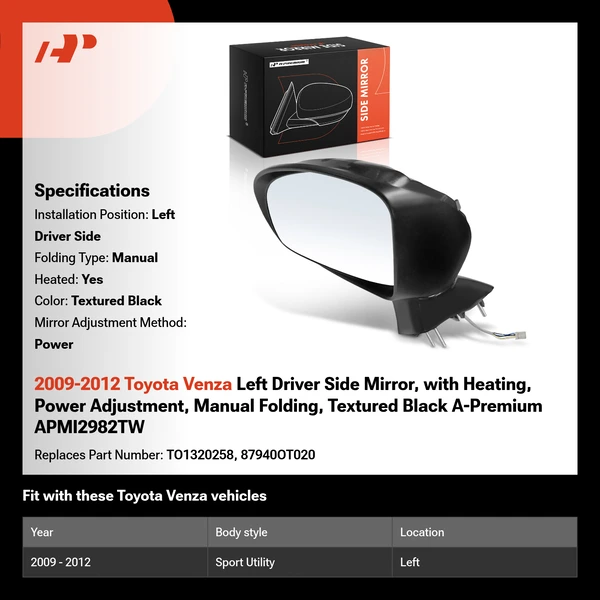2009-2012 Toyota Venza Left Driver Side Mirror, with Heating, Power Adjustment, Manual Folding, Textured Black A-Premium APMI2982TW