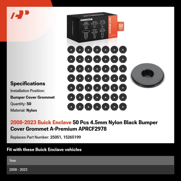 2008-2023 Buick Enclave 50 Pcs 4.5mm Nylon Black Bumper Cover Grommet A-Premium APRCF2978
