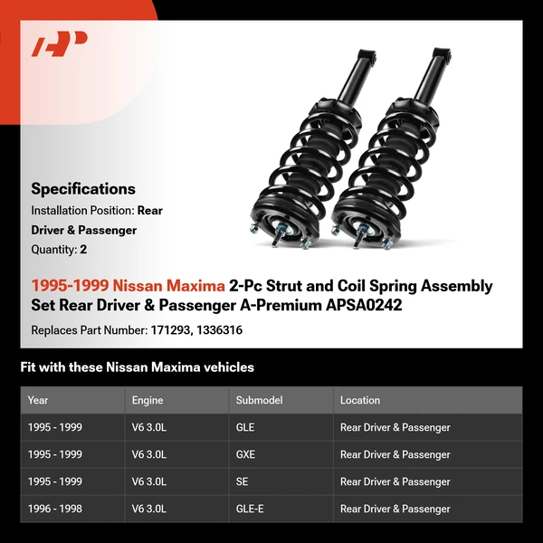 1995-1999 Nissan Maxima 2-Pc Strut and Coil Spring Assembly Set Rear Driver & Passenger A-Premium APSA0242