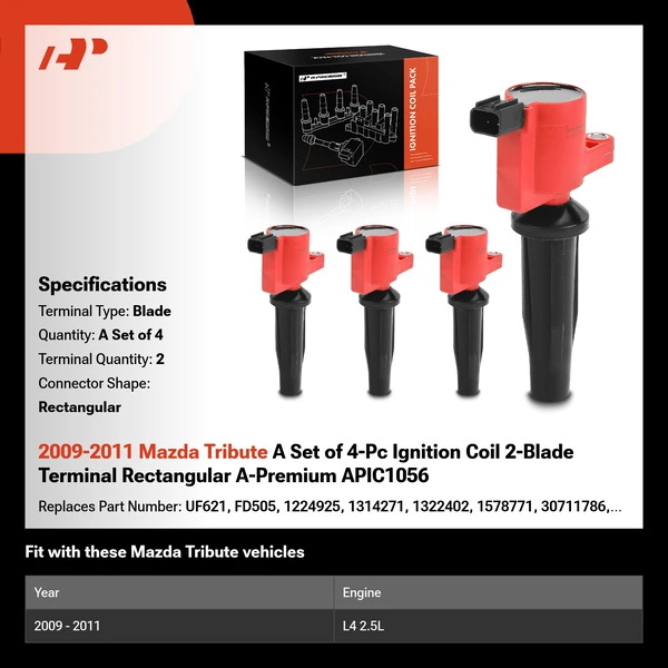 2009-2011 Mazda Tribute A Set of 4-Pc Ignition Coil 2-Blade Terminal Rectangular A-Premium APIC1056