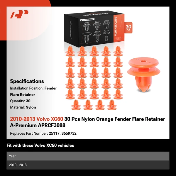 2010-2013 Volvo XC60 30 Pcs Nylon Orange Fender Flare Retainer A-Premium APRCF3088