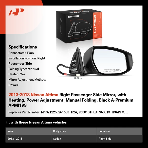 2013-2018 Nissan Altima Right Passenger Side Mirror, with Heating, Power Adjustment, Manual Folding, Black A-Premium APMI199