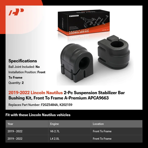 2019-2022 Lincoln Nautilus 2-Pc Suspension Stabilizer Bar Bushing Kit, Front To Frame A-Premium APCA9663
