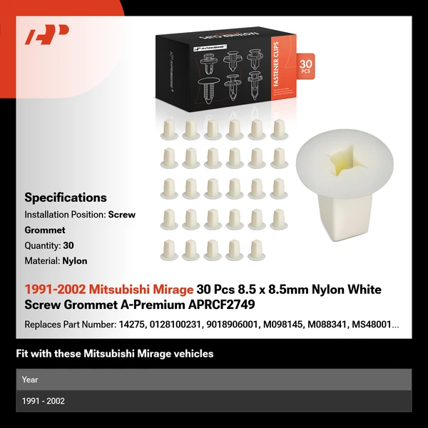 1991-2002 Mitsubishi Mirage 30 Pcs 8.5 x 8.5mm Nylon White Screw Grommet A-Premium APRCF2749
