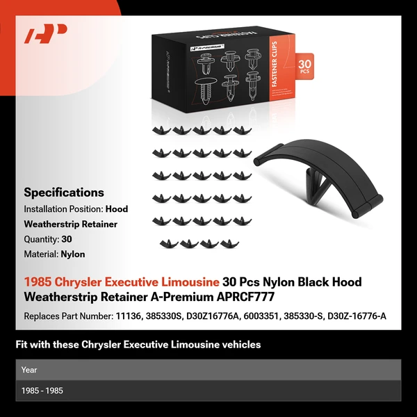 1985 Chrysler Executive Limousine 30 Pcs Nylon Black Hood Weatherstrip Retainer A-Premium APRCF777