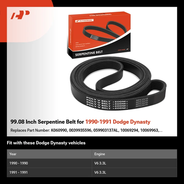99.08 Inch Serpentine Belt for 1990-1991 Dodge Dynasty