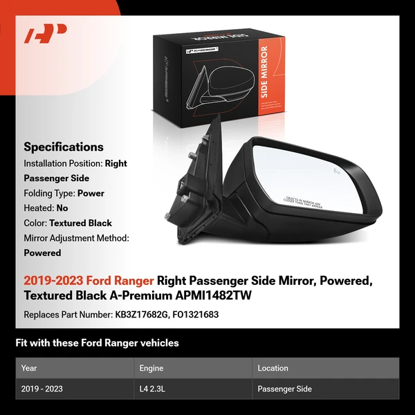2019-2023 Ford Ranger Right Passenger Side Mirror, Powered, Textured Black A-Premium APMI1482TW