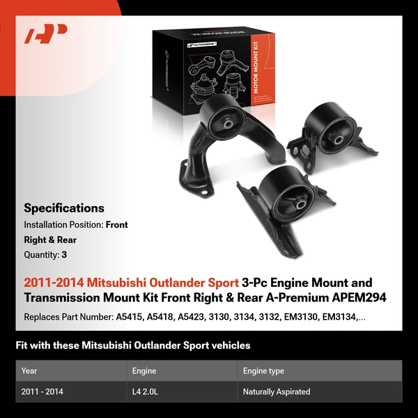 2011-2014 Mitsubishi Outlander Sport 3-Pc Engine Mount and Transmission Mount Kit Front Right & Rear A-Premium APEM294