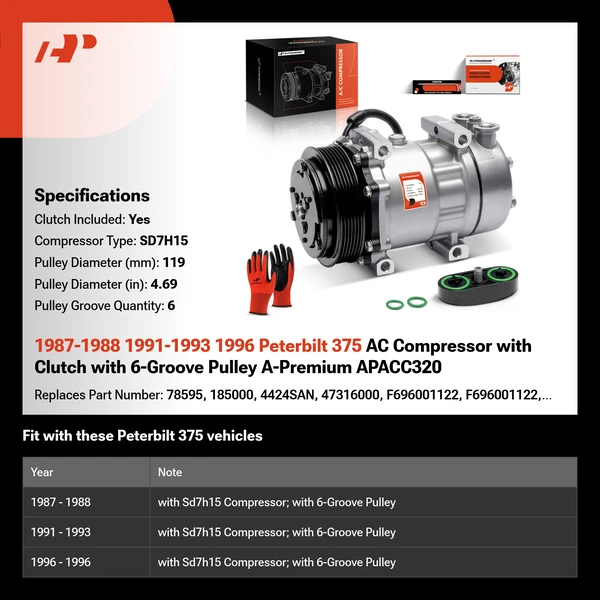 1987-1988 1991-1993 1996 Peterbilt 375 AC Compressor with Clutch with 6-Groove Pulley A-Premium APACC320