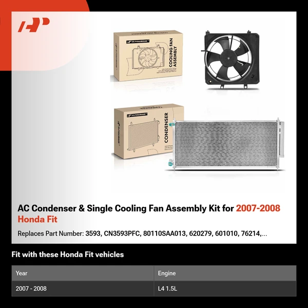 AC Condenser & Single Cooling Fan Assembly Kit for 2007-2008 Honda Fit