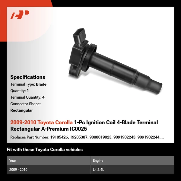2009-2010 Toyota Corolla 1-Pc Ignition Coil 4-Blade Terminal Rectangular A-Premium IC0025