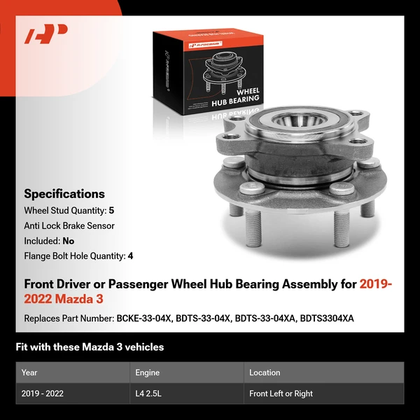 Front Driver or Passenger Wheel Hub Bearing Assembly for 2019-2022 Mazda 3