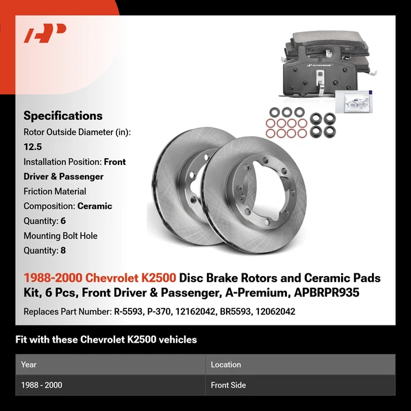 1988-2000 Chevrolet K2500 Disc Brake Rotors and Ceramic Pads Kit, 6 Pcs, Front Driver & Passenger, A-Premium, APBRPR935