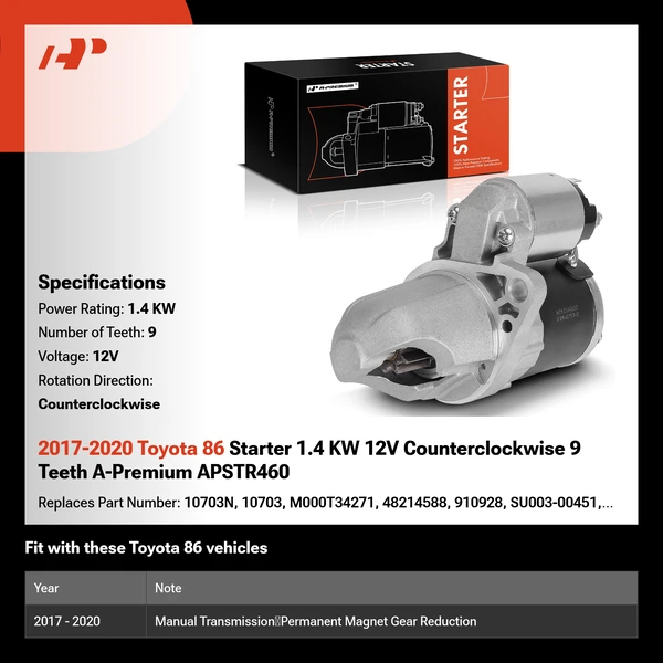 2017-2020 Toyota 86 Starter 1.4 KW 12V Counterclockwise 9 Teeth A-Premium APSTR460
