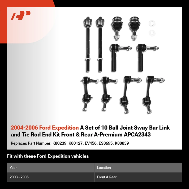 2004-2006 Ford Expedition A Set of 10 Ball Joint Sway Bar Link and Tie Rod End Kit Front & Rear A-Premium APCA2343