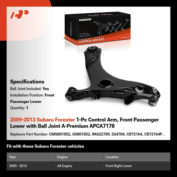 2009-2013 Subaru Forester 1-Pc Control Arm, Front Passenger Lower with Ball Joint A-Premium APCA7178